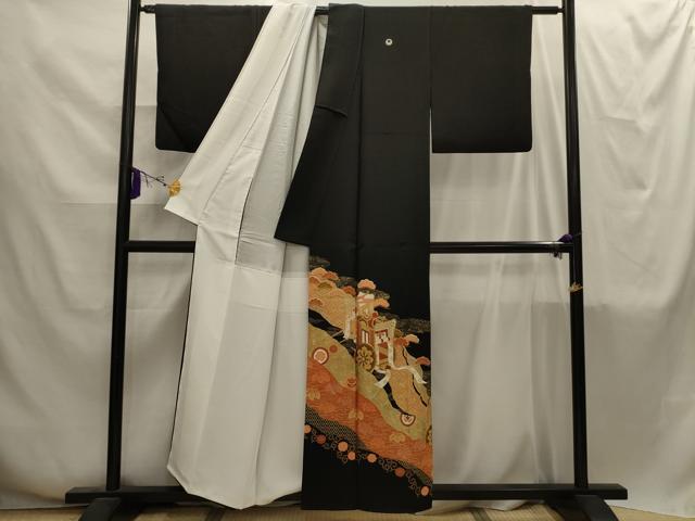 平和屋着物■豪華黒留袖　駒刺繍　御所車花文　金彩　正絹　逸品　AABI4250sx