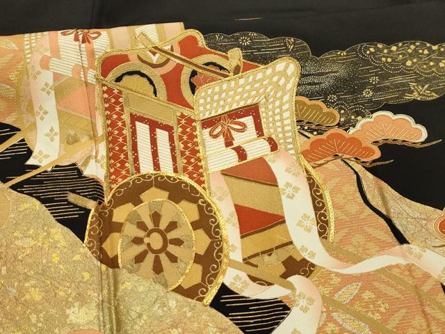 平和屋着物■豪華黒留袖　駒刺繍　御所車花文　金彩　正絹　逸品　AABI4250sx