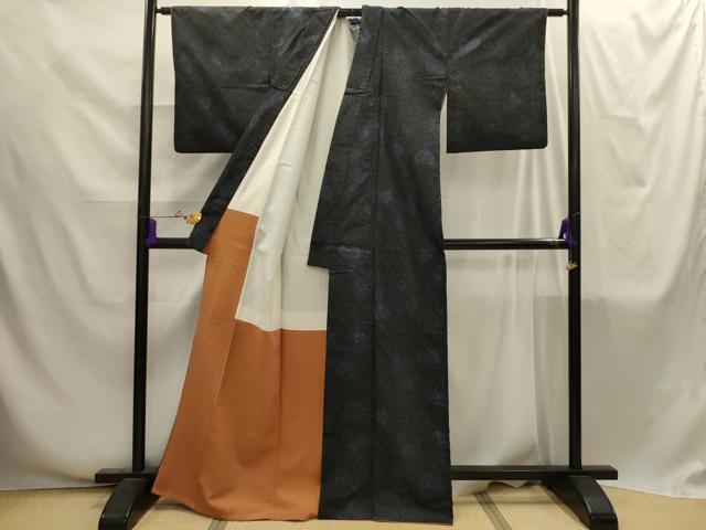 平和屋着物■本場大島紬　草花文　黒地　正絹　逸品　AABI4258sx