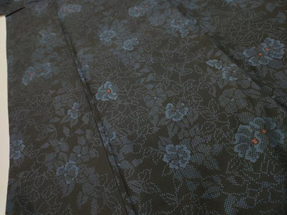 平和屋着物■本場大島紬　草花文　黒地　正絹　逸品　AABI4258sx