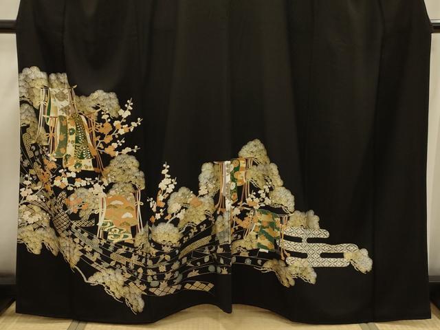 平和屋着物■豪華黒留袖　駒刺繍　束ね熨斗几帳宝尽くし　金銀彩　正絹　逸品　AABI4285sx