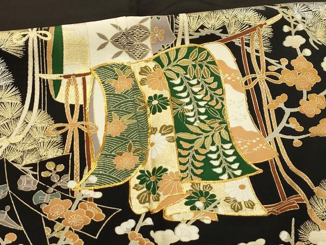 平和屋着物■豪華黒留袖　駒刺繍　束ね熨斗几帳宝尽くし　金銀彩　正絹　逸品　AABI4285sx