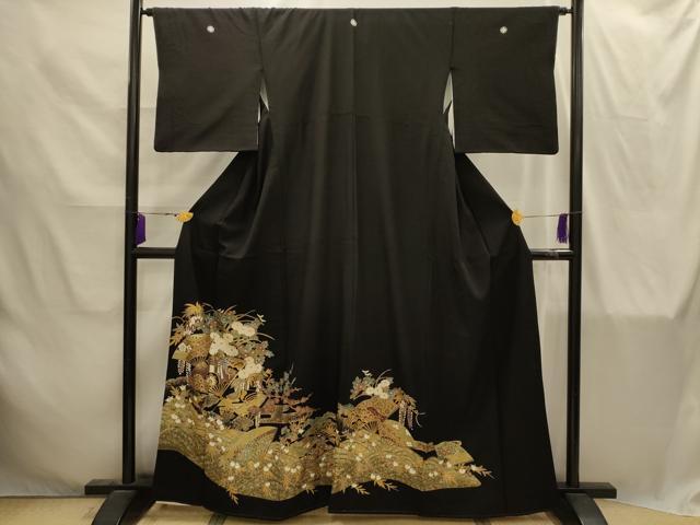 平和屋着物■豪華黒留袖　扇面御所車花文　金彩　正絹　逸品　AABI4287sx