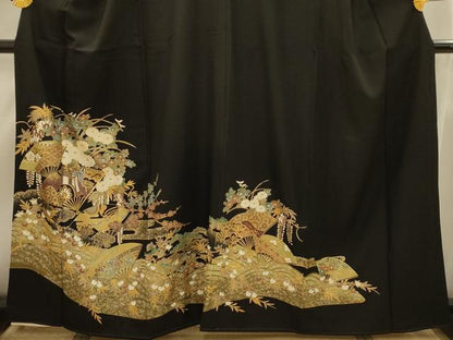 平和屋着物■豪華黒留袖　扇面御所車花文　金彩　正絹　逸品　AABI4287sx