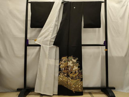 平和屋着物■豪華黒留袖　扇面御所車花文　金彩　正絹　逸品　AABI4287sx