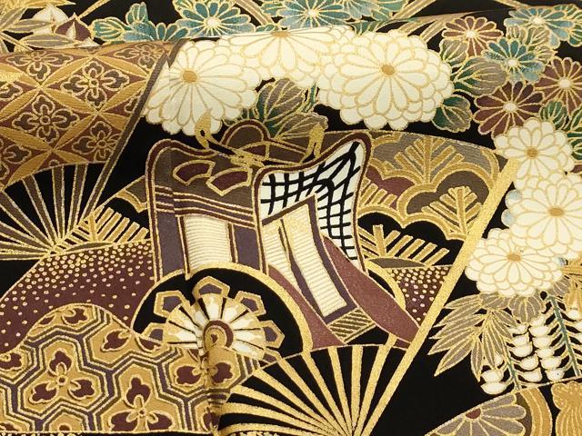 平和屋着物■豪華黒留袖　扇面御所車花文　金彩　正絹　逸品　AABI4287sx