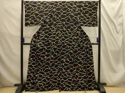 平和屋着物■上質な小紋　結び紐文　黒地　正絹　逸品　AABI4298sx