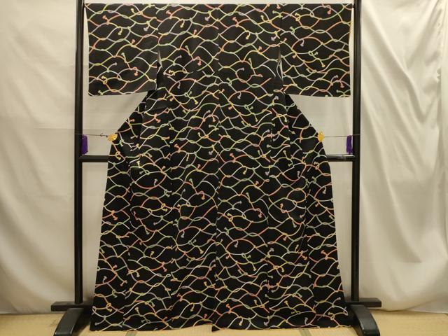 平和屋着物■上質な小紋　結び紐文　黒地　正絹　逸品　AABI4298sx