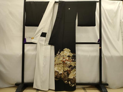 平和屋着物■豪華黒留袖　道長扇面飛鶴花文　金銀彩　正絹　逸品　AABI4310sx