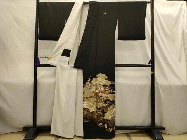 平和屋着物■豪華黒留袖　道長扇面飛鶴花文　金銀彩　正絹　逸品　AABI4310sx
