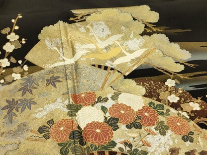 平和屋着物■豪華黒留袖　道長扇面飛鶴花文　金銀彩　正絹　逸品　AABI4310sx