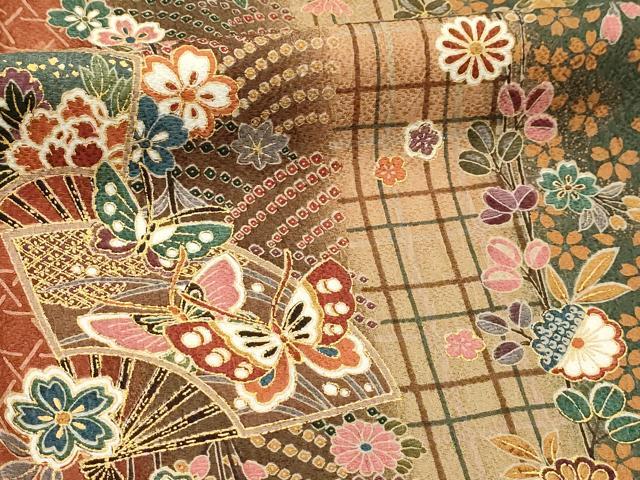 平和屋着物■上質な小紋　扇面花蝶文　金彩　正絹　逸品　AABI4311sx