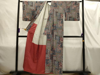 平和屋着物■上質な小紋　紬地　色紙重ね更紗花文　胴抜き仕立て　正絹　逸品　AABI4316sx
