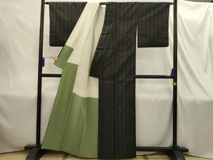 平和屋着物■上質な紬 間道 黒地 正絹 逸品 AABI4325sx