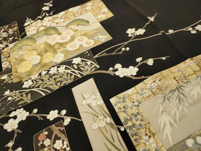 平和屋着物■豪華黒留袖　色紙重ね草花文　金彩　正絹　逸品　AABI4367sx