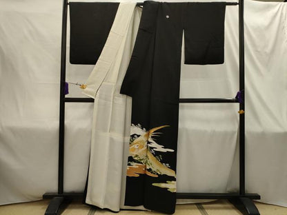 平和屋着物■豪華黒留袖　駒刺繍　鳥　浜松文　金彩　金銀糸　正絹　逸品　AABI4368sx