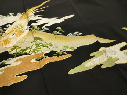 平和屋着物■豪華黒留袖　駒刺繍　鳥　浜松文　金彩　金銀糸　正絹　逸品　AABI4368sx