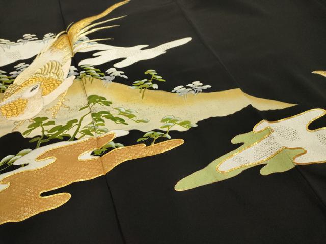 平和屋着物■豪華黒留袖　駒刺繍　鳥　浜松文　金彩　金銀糸　正絹　逸品　AABI4368sx
