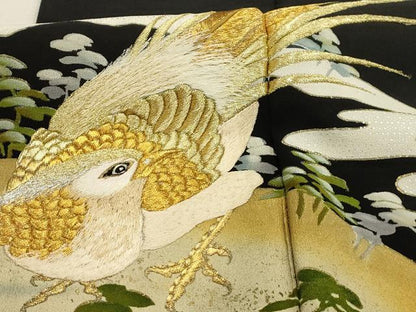 平和屋着物■豪華黒留袖　駒刺繍　鳥　浜松文　金彩　金銀糸　正絹　逸品　AABI4368sx