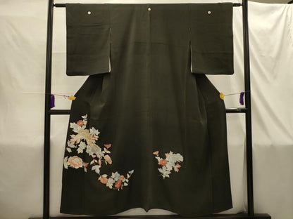 平和屋着物■豪華黒留袖　駒刺繍　草花文　金糸　正絹　逸品　AABI4373sx