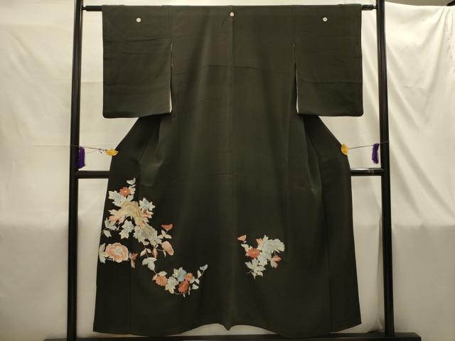 平和屋着物■豪華黒留袖　駒刺繍　草花文　金糸　正絹　逸品　AABI4373sx