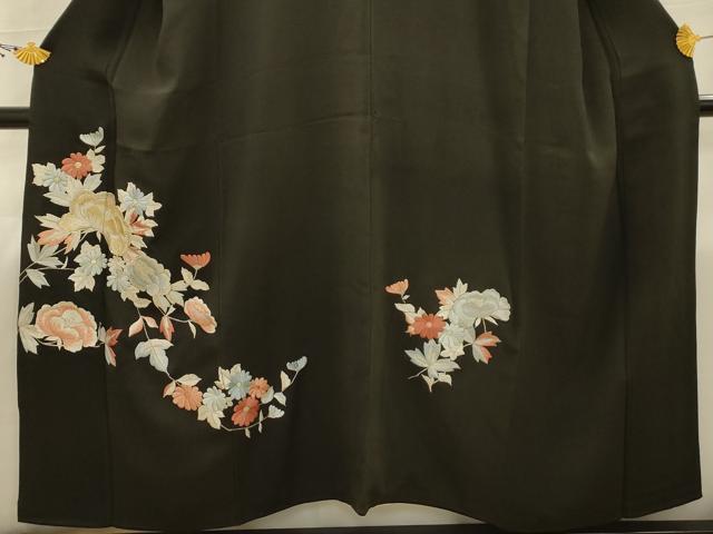 平和屋着物■豪華黒留袖　駒刺繍　草花文　金糸　正絹　逸品　AABI4373sx