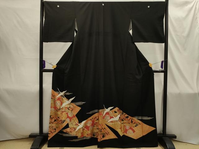平和屋着物■豪華黒留袖　飛鶴地紙花文　金銀彩　正絹　逸品　AABI4375sx