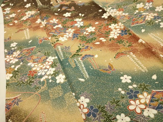 平和屋着物■上質な小紋　松竹梅　花蝶扇面冊子文　暈し染め　金彩　正絹　逸品　AABI4380sx