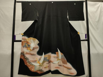 平和屋着物■豪華黒留袖　駒刺繍　扇面飛鶴文　暈し染め　金銀彩　正絹　逸品　AABI4383sx