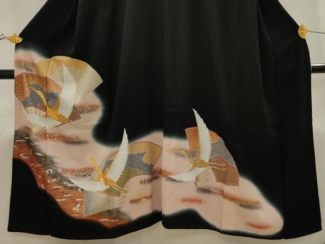 平和屋着物■豪華黒留袖　駒刺繍　扇面飛鶴文　暈し染め　金銀彩　正絹　逸品　AABI4383sx