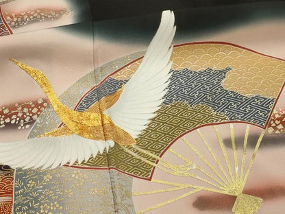 平和屋着物■豪華黒留袖　駒刺繍　扇面飛鶴文　暈し染め　金銀彩　正絹　逸品　AABI4383sx