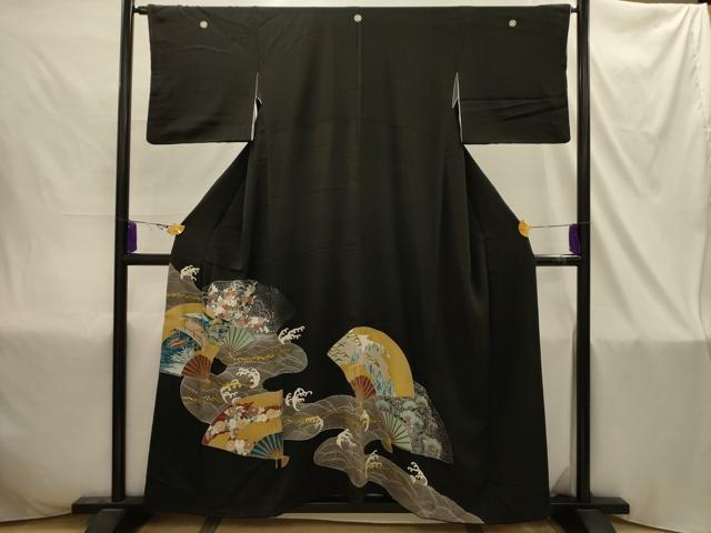 平和屋着物■豪華黒留袖　松竹梅　立波扇面風景文　金彩　正絹　逸品　AABI4384sx
