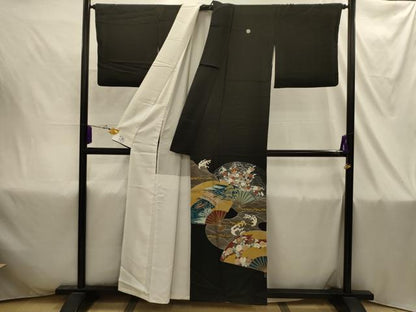 平和屋着物■豪華黒留袖　松竹梅　立波扇面風景文　金彩　正絹　逸品　AABI4384sx