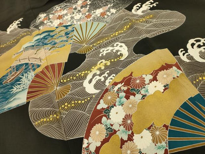 平和屋着物■豪華黒留袖　松竹梅　立波扇面風景文　金彩　正絹　逸品　AABI4384sx
