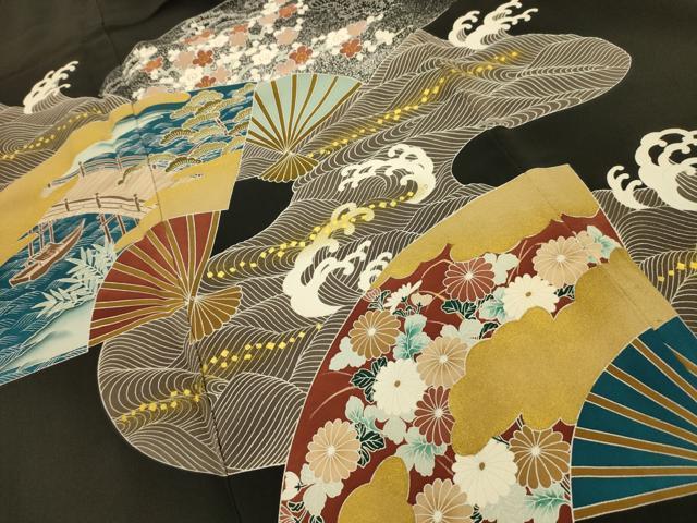 平和屋着物■豪華黒留袖　松竹梅　立波扇面風景文　金彩　正絹　逸品　AABI4384sx