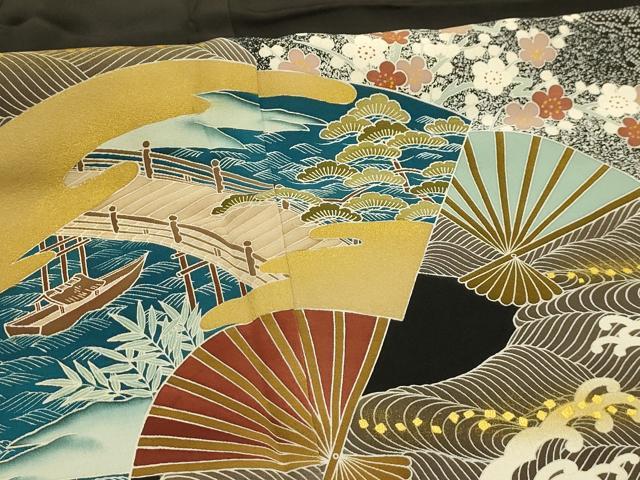 平和屋着物■豪華黒留袖　松竹梅　立波扇面風景文　金彩　正絹　逸品　AABI4384sx