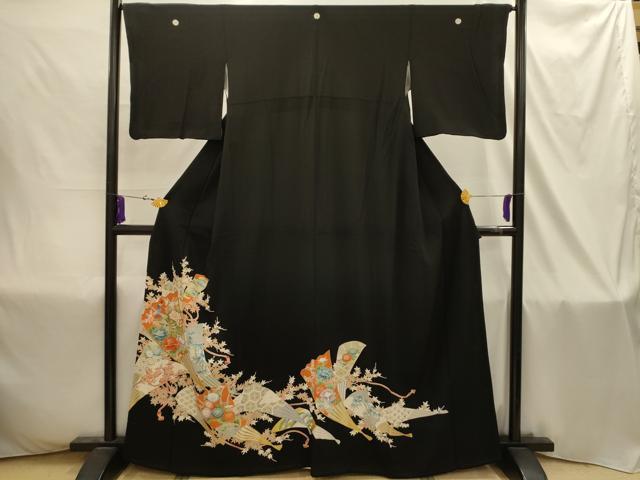 平和屋着物■豪華黒留袖　駒刺繍　松竹梅　扇面孔雀花文　金糸　金彩　正絹　逸品　AABI4390sx