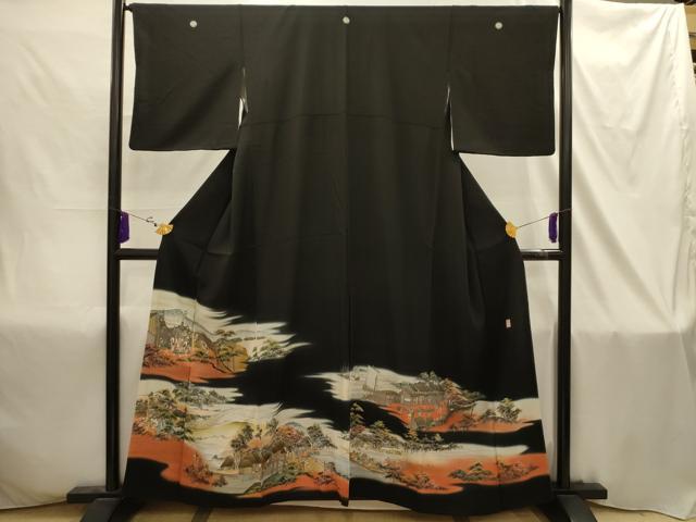 平和屋着物■豪華黒留袖　作家物　手描き　人物風景文　暈し染め　金銀彩　正絹　逸品　AABI4392sx