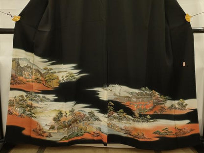平和屋着物■豪華黒留袖　作家物　手描き　人物風景文　暈し染め　金銀彩　正絹　逸品　AABI4392sx