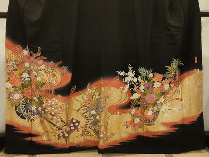 平和屋着物■豪華黒留袖　作家物　花車文　暈し染め　金銀彩　正絹　逸品　AABI4393sx