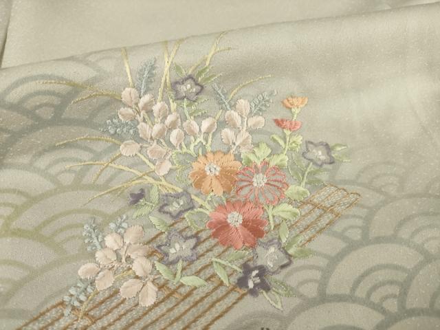 平和屋着物●訪問着　刺繍　花筏文　正絹　逸品　AABI4401ck