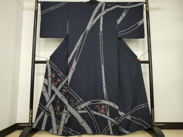平和屋着物●訪問着　絞り　刺繍　笹竹花文　金彩　正絹　逸品　AABI4404ck