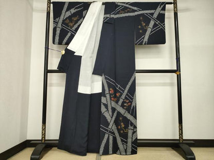 平和屋着物●訪問着　絞り　刺繍　笹竹花文　金彩　正絹　逸品　AABI4404ck