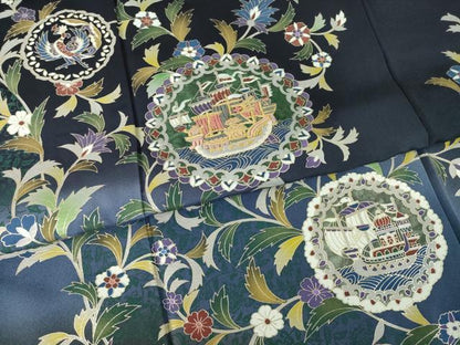 平和屋着物●訪問着　更紗花鳥丸文　南蛮船　金彩　正絹　逸品　AABI4406ck