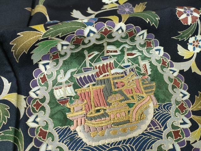 平和屋着物●訪問着　更紗花鳥丸文　南蛮船　金彩　正絹　逸品　AABI4406ck
