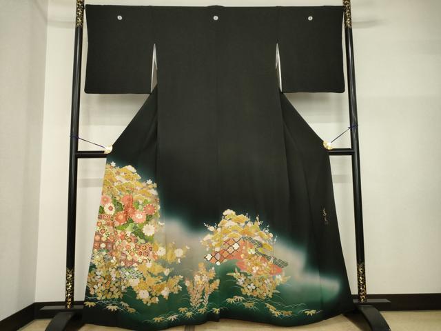 平和屋着物●京友禅の第一人者　松井青々　黒留袖　駒刺繍　吉祥花文　正絹　逸品　AABI4413ck