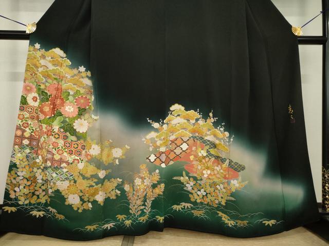 平和屋着物●京友禅の第一人者　松井青々　黒留袖　駒刺繍　吉祥花文　正絹　逸品　AABI4413ck