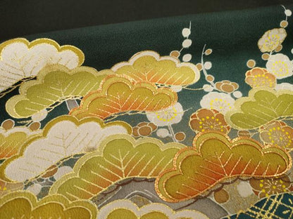 平和屋着物●京友禅の第一人者　松井青々　黒留袖　駒刺繍　吉祥花文　正絹　逸品　AABI4413ck