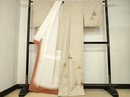 平和屋着物●創業460年・千總　訪問着　紬地　名物裂花文　金彩　正絹　逸品　AABI4416ck