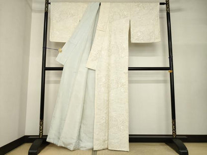 平和屋着物●上質な小紋　総刺繍　中国三大刺繍　スワトウ刺繍　汕頭刺繍　向かい鳥更紗花文　生成り色　正絹　逸品　AABI4417ck